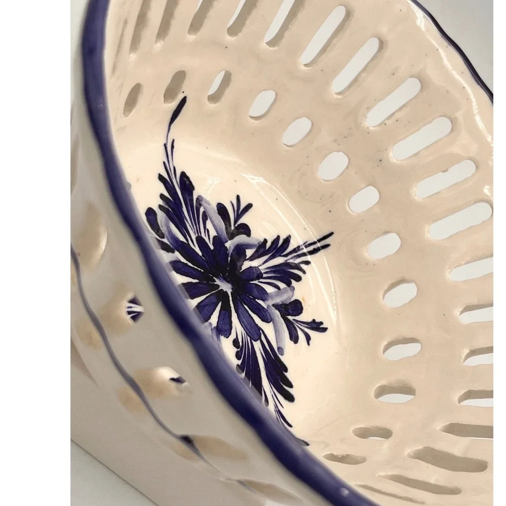 Hand Painted Portugal Pierced Berry Bowl Blue  White Floral Reticulated Strainer